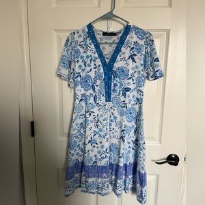 Women Summer Floral Print V Neck Short Sleeve Dress Mini Boho Ruffle Swing Dress
